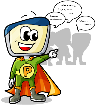 Webseiten-Generator Primolo - Titelfigur Computer-Superheld plappert mit anderen Primolos